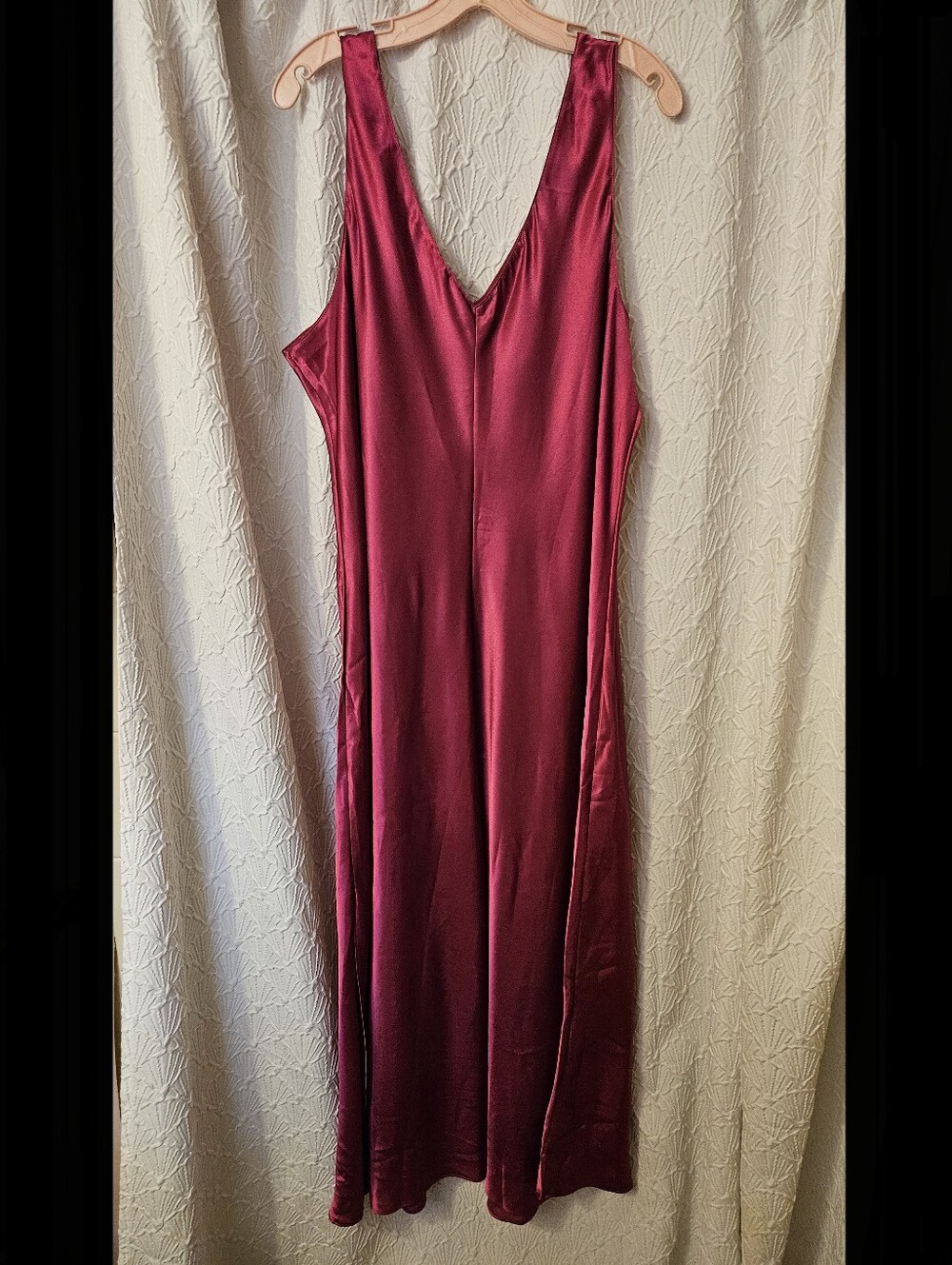 Silky V-Neck Burgundy Satin Slip Dress with Floral Embroidery - Picture 4 of 10